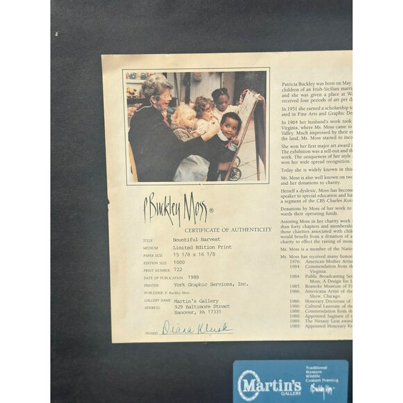 VTG 1988 P. Buckley Moss Bountiful Harvest Framed18x20 Signed Limited Edition - Picture 7 of 8